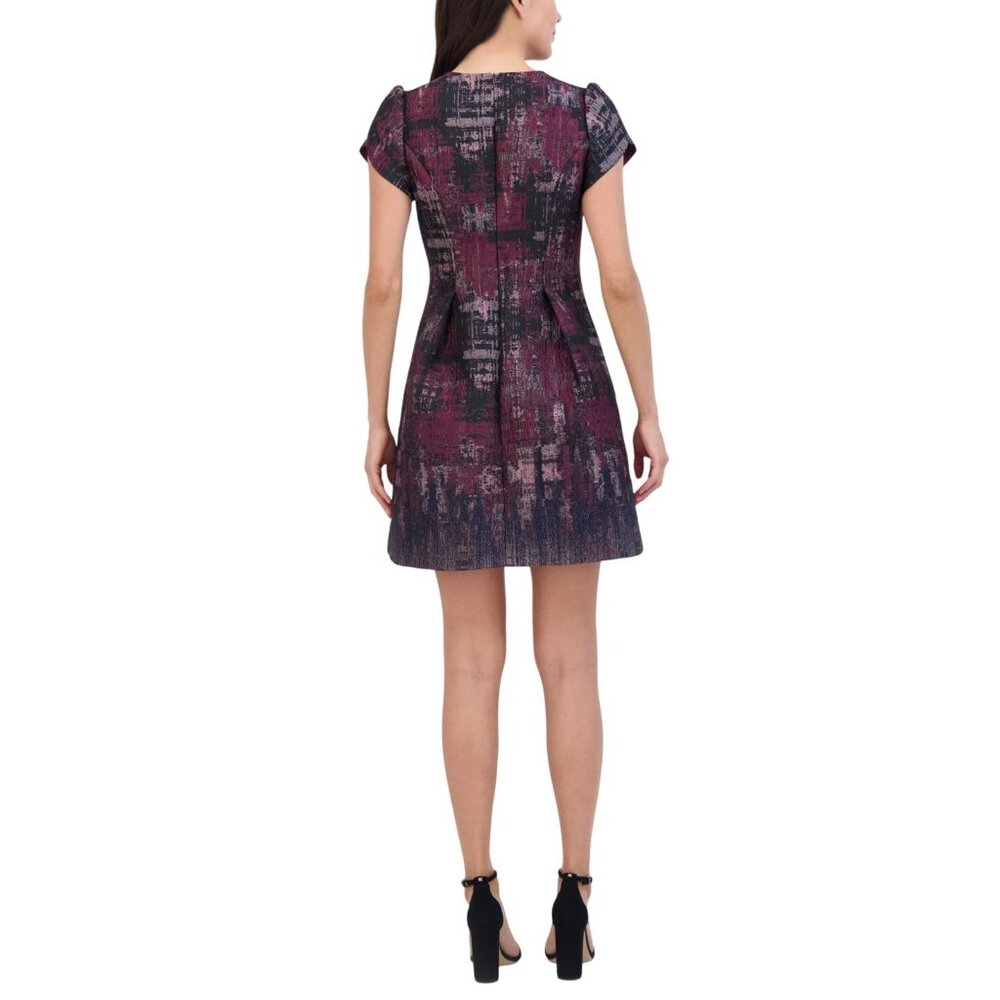 NWT Vince Camuto Jacquard Fit & Flare Puff-Sleeve Dress Wine Red Multi 12 - Picture 2 of 9